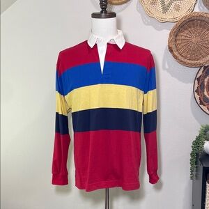 Vtg Lands’ End Bold Striped Polo Rugby Shirt Red Blue Yellow White Medium 34-36